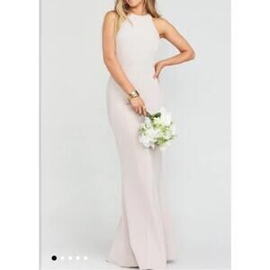 MuMu Chicago Hi Neck Maxi Dress Silver Sage Stretch Crepe Fishtail Gown Bridal